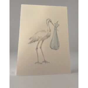 Vintage Oddballs Watercolor Ecru Notecards -Blue Stork - Baby Boy - 10 Pk